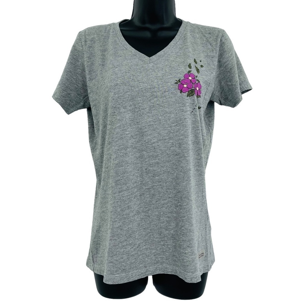 Life‎ is Good crusher tee floral embroidered v neck grey women's size S